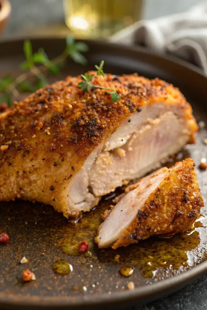 Detalle de una pechuga de Pollo Cajun jugosa y perfectamente cocida, cortada para mostrar su interior tierno y su exterior especiado y dorado.
