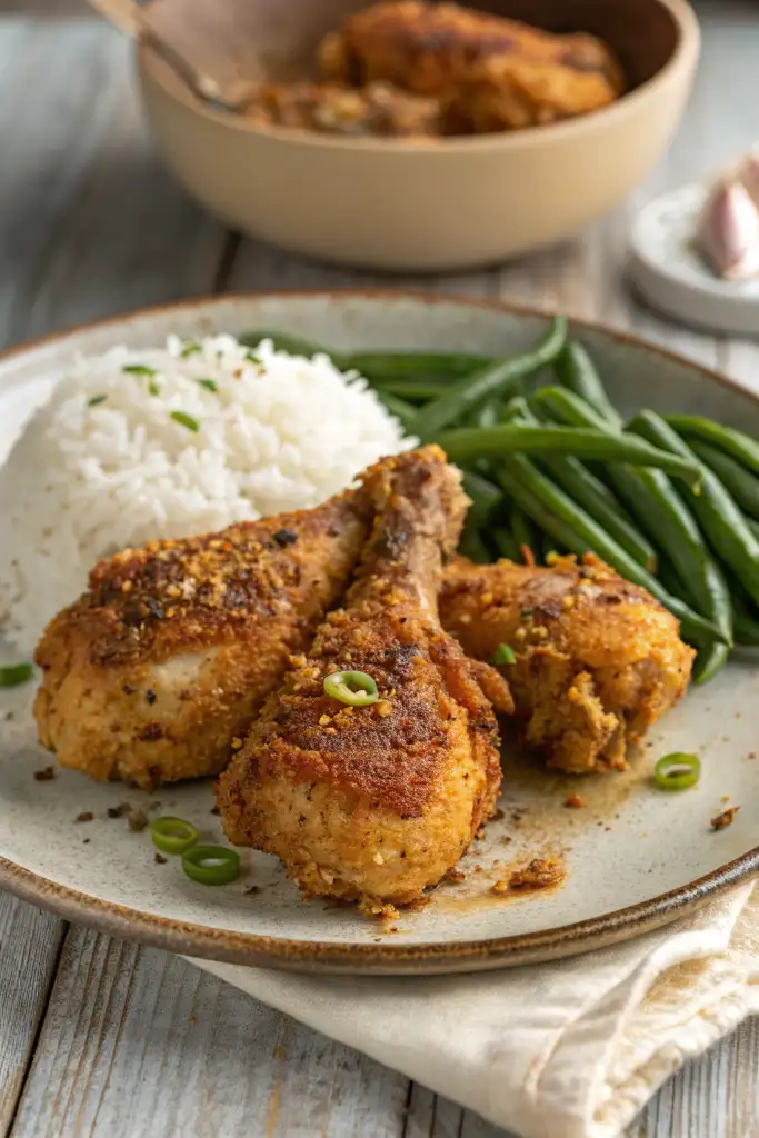 Primer plano de muslos de Pollo Cajun crujientes con una generosa costra de especias, junto a arroz blanco, judías verdes y cebollín picado.