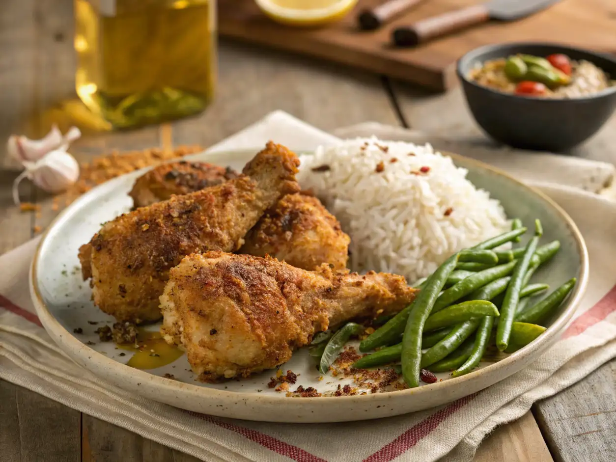 Plato con tres muslos de Pollo Cajun dorados y especiados, servidos con una porción de arroz blanco y judías verdes frescas en una mesa de madera.