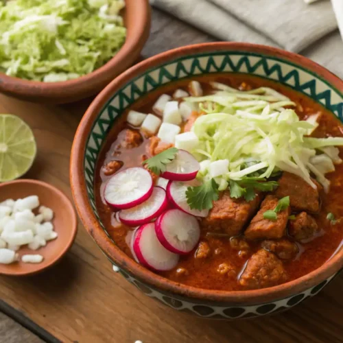 Delicioso tazón de Pozole Rojo Receta tradicional mexicana, adornado con lechuga fresca, rábanos en rodajas y cebolla picada, con guarniciones y limón al lado sobre una mesa de madera rústica.