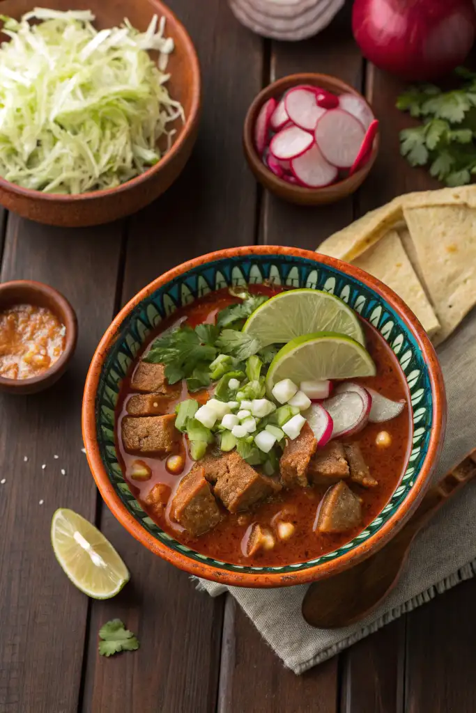 Apetitoso plato de Pozole Rojo Receta visto desde arriba, con trozos de carne, maíz, cilantro, cebollín y limón, acompañado de tostadas, rábanos y más guarniciones en cuencos sobre una superficie de madera oscura.