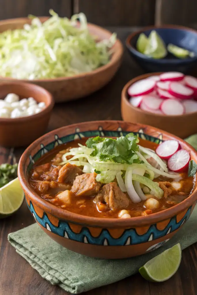 Primer plano de un tazón artesanal con Pozole Rojo Receta casero, coronado con lechuga, cebolla fileteada y cilantro, junto a gajos de limón y cuencos de guarniciones, listo para disfrutar.