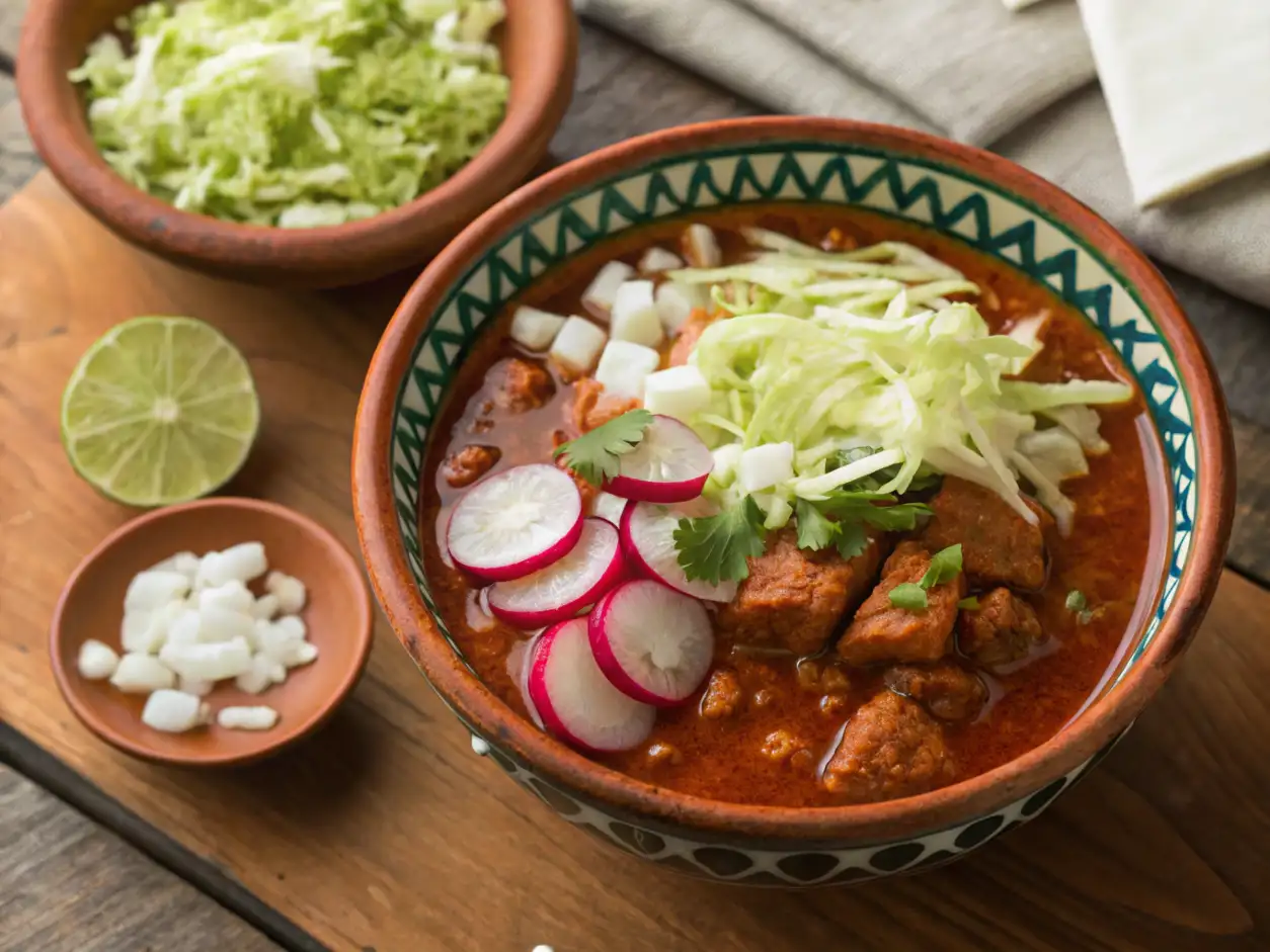 Delicioso tazón de Pozole Rojo Receta tradicional mexicana, adornado con lechuga fresca, rábanos en rodajas y cebolla picada, con guarniciones y limón al lado sobre una mesa de madera rústica.
