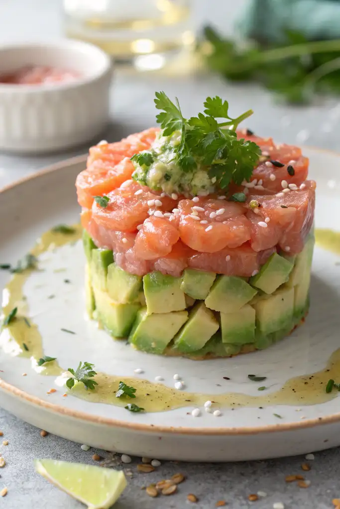 Tartar de salmon y aguacate en capas, con una cucharada de crema de aguacate y cilantro encima, rociado con semillas de sésamo y aliño. Presentado en un plato blanco con una rodaja de lima al lado sobre una superficie gris texturizada.