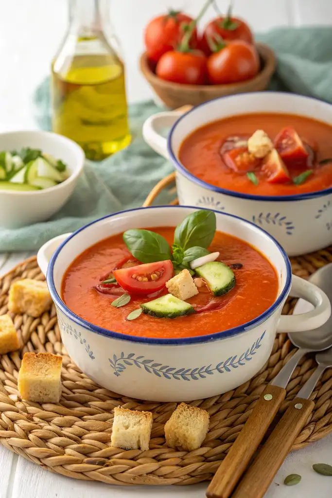 Dos boles de loza blanca con receta gazpacho andaluz, adornados con picatostes, pepino, tomate y albahaca, sobre mantel individual de mimbre.