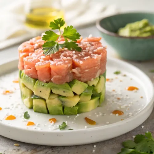 Primer plano de un apetitoso Tartar de salmon y aguacate fresco, perfectamente apilado en capas sobre un plato blanco moderno. El tartar está decorado con un ramillete de perejil y semillas de sésamo, con gotas de salsa naranja en el plato. Al fondo, un cuenco verde con crema de aguacate y una botella de aceite de oliva.