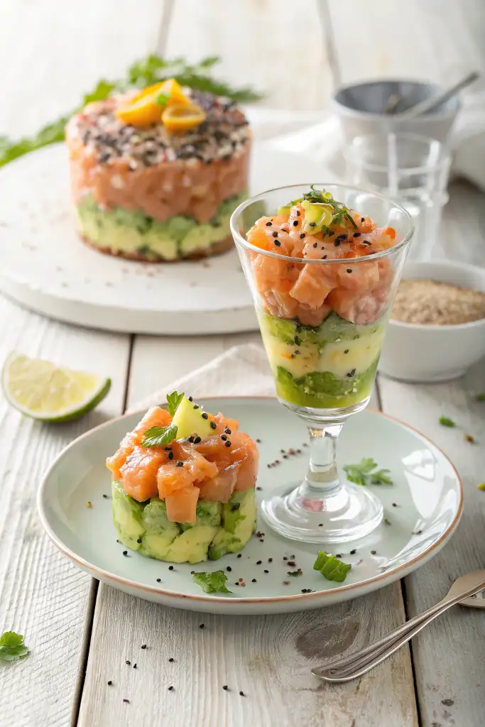 Varias formas de presentar el Tartar de salmon y aguacate: uno pequeño apilado en un plato verde claro con sésamo negro y pepino, otro en una copa de cristal con capas visibles, y un tercero más grande al fondo con limón, todo sobre una mesa de madera clara con rodajas de lima.