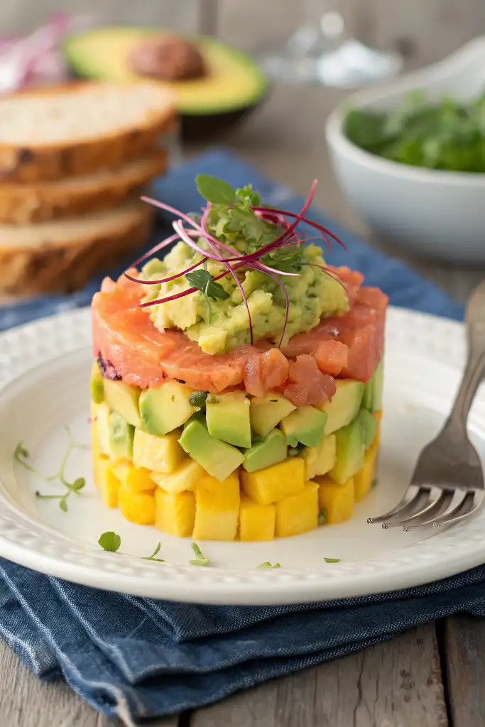 Colorido Tartar de salmon y aguacate con una base de mango en dados, seguido de capas de aguacate y salmón. Coronado con aguacate machacado, microgreens y una hoja roja, servido en un plato blanco sobre una servilleta azul de tela en una mesa de madera rústica.