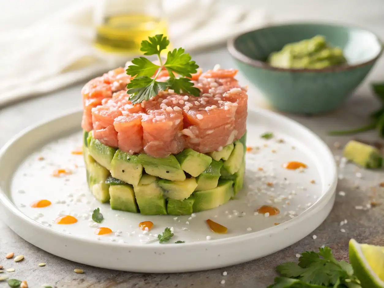 Primer plano de un apetitoso Tartar de salmon y aguacate fresco, perfectamente apilado en capas sobre un plato blanco moderno. El tartar está decorado con un ramillete de perejil y semillas de sésamo, con gotas de salsa naranja en el plato. Al fondo, un cuenco verde con crema de aguacate y una botella de aceite de oliva.