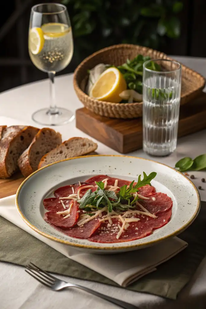 Carpaccio de res presentado elegantemente en una mesa con pan rústico, limón y una bebida refrescante con gas.
