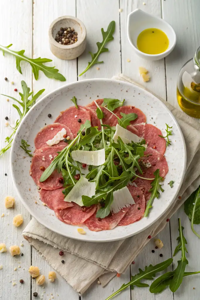 Carpaccio de res servido en un plato blanco sobre una mesa de madera blanca, adornado con rúcula fresca y lascas de parmesano, vista cenital.