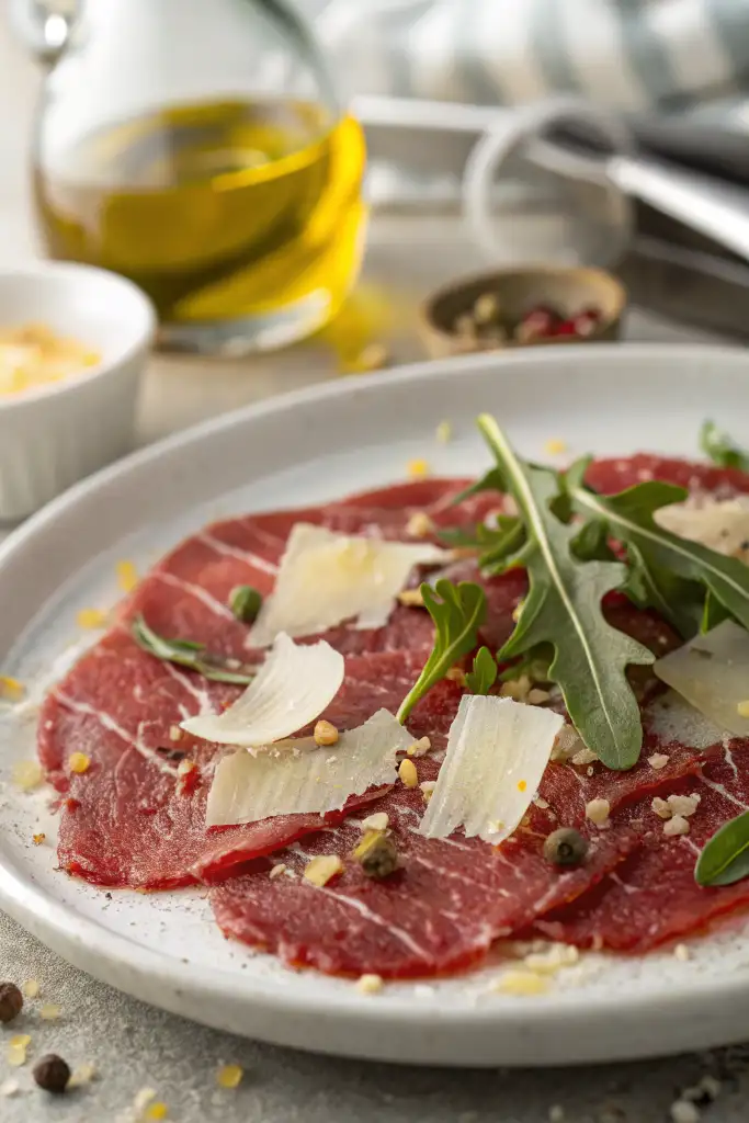 Primer plano detallado de lonchas de carpaccio de res con lascas de parmesano, rúcula y alcaparras sobre un fondo gris texturizado.