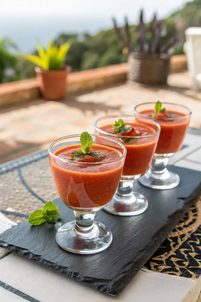 Tres copas de cristal con receta gazpacho andaluz servido como aperitivo, adornadas con menta, sobre una bandeja de pizarra en terraza con vistas.