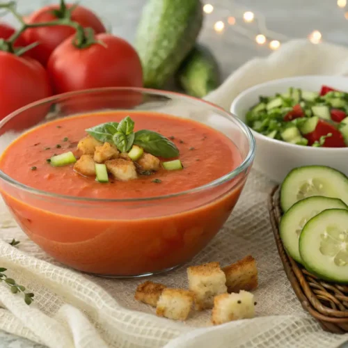 Bol de cristal con receta gazpacho andaluz casero, adornado con picatostes, pepino y albahaca, rodeado de tomates frescos y guarnición de ensalada.
