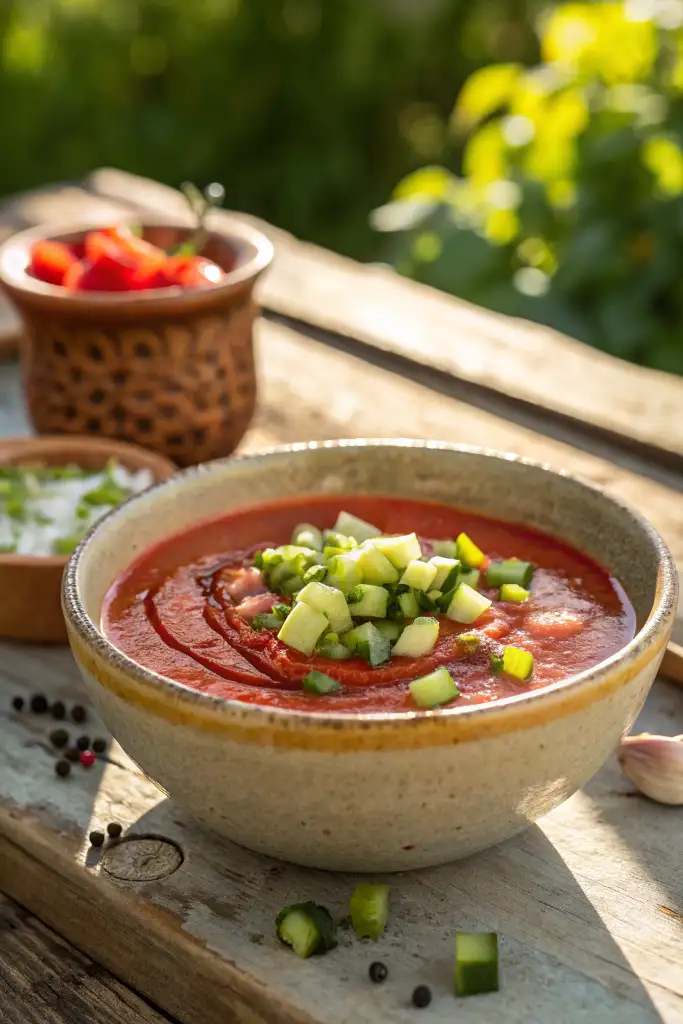 Receta gazpacho andaluz tradicional en cuenco rústico, servido al aire libre sobre mesa de madera con guarniciones y luz solar.