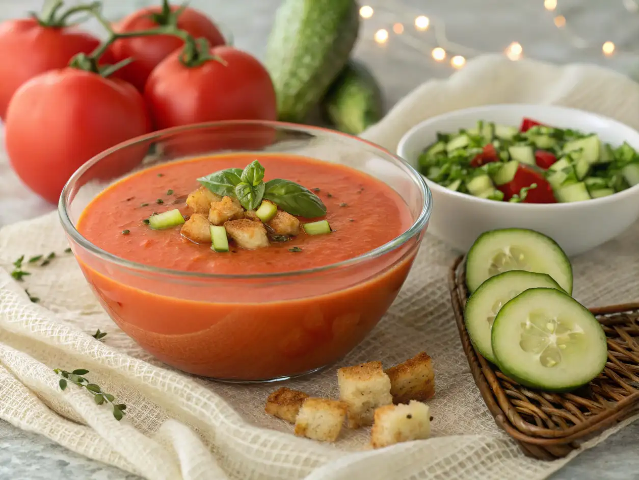 Bol de cristal con receta gazpacho andaluz casero, adornado con picatostes, pepino y albahaca, rodeado de tomates frescos y guarnición de ensalada.