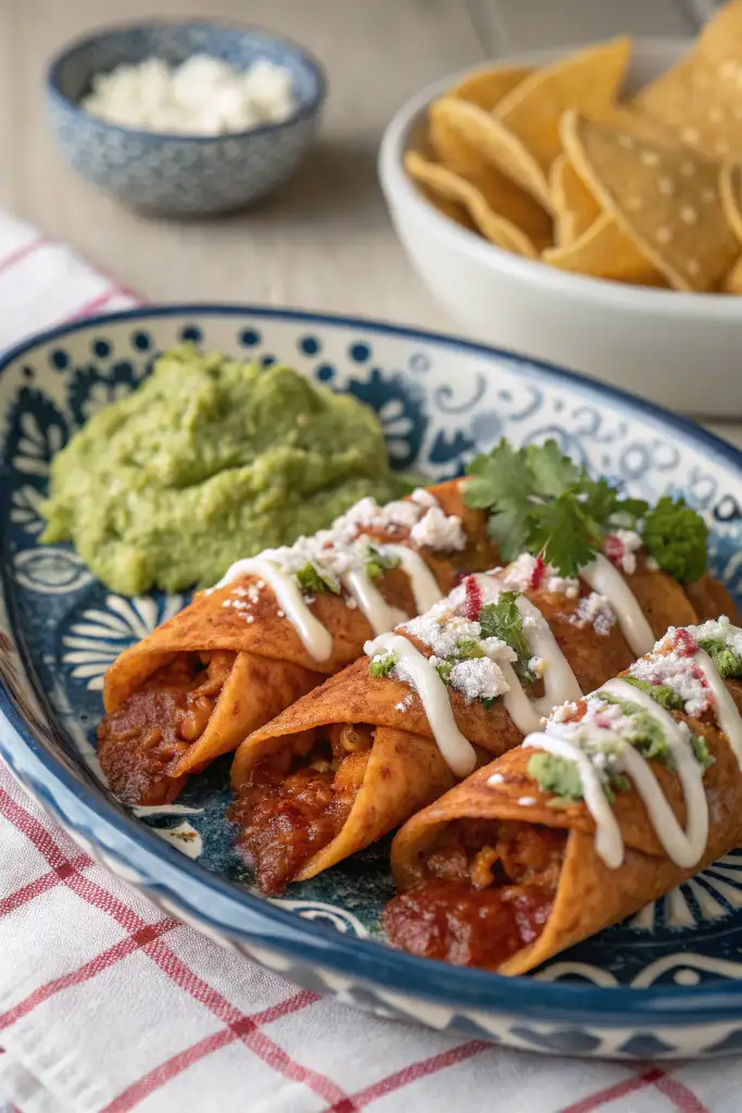 Several appetizing photographs of Enchiladas Potosinas. The images highlight the rolled red tortillas, the texture of the filling, and fresh toppings like white crema, crumbled cheese, green lettuce, diced avocado, and cilantro, presented on various plates.