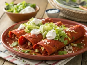 A vibrant collection of images showcasing traditional Enchiladas Potosinas. Details include the distinct red tortillas filled with cheese and savory mixtures, generously topped with fresh cream, crumbled queso fresco, crisp lettuce, avocado, and cilantro, served on decorative plates, sometimes with guacamole.