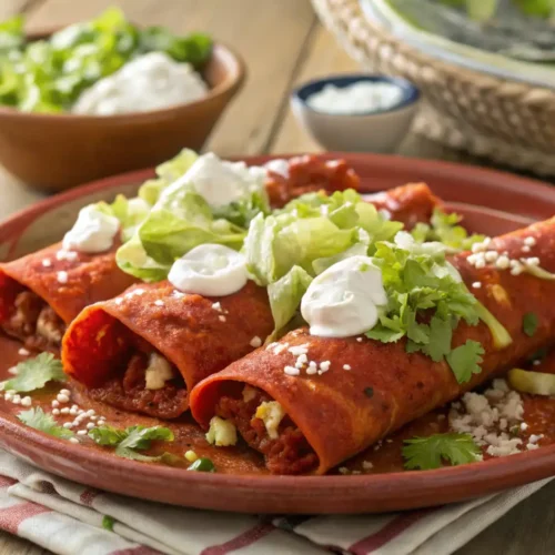 A vibrant collection of images showcasing traditional Enchiladas Potosinas. Details include the distinct red tortillas filled with cheese and savory mixtures, generously topped with fresh cream, crumbled queso fresco, crisp lettuce, avocado, and cilantro, served on decorative plates, sometimes with guacamole.