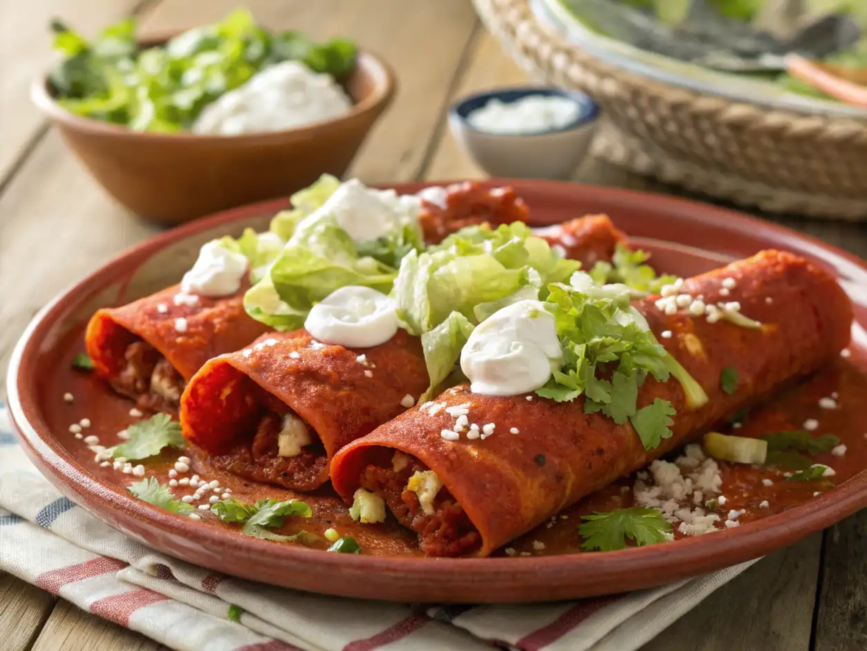 A vibrant collection of images showcasing traditional Enchiladas Potosinas. Details include the distinct red tortillas filled with cheese and savory mixtures, generously topped with fresh cream, crumbled queso fresco, crisp lettuce, avocado, and cilantro, served on decorative plates, sometimes with guacamole.