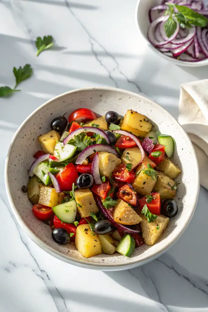 Ensalada de patata estilo mediterráneo en un bol blanco, mezclada con tomate, pepino, aceitunas negras y cebolla morada sobre una mesa de mármol.