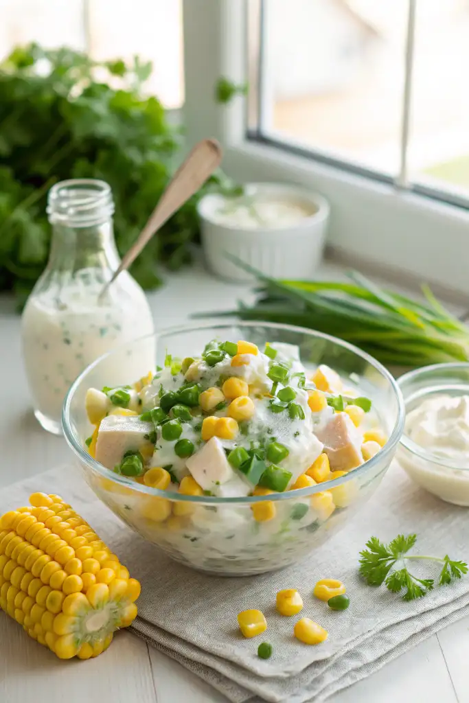 Ensalada de patata refrescante servida en un bol de cristal, mezclada con maíz dulce, guisantes y un aderezo cremoso de yogur, en una mesa luminosa junto a una ventana con luz natural.