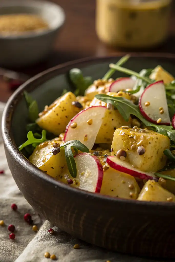 Ensalada de patata con vinagreta de mostaza en grano, rodajas de rábano y hojas de rúcula frescas, servida en un bol oscuro de gres.