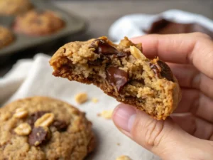 Primer plano de una mano sosteniendo una galleta de avena y platano partida, mostrando su interior tierno y masticable con chocolate derretido.