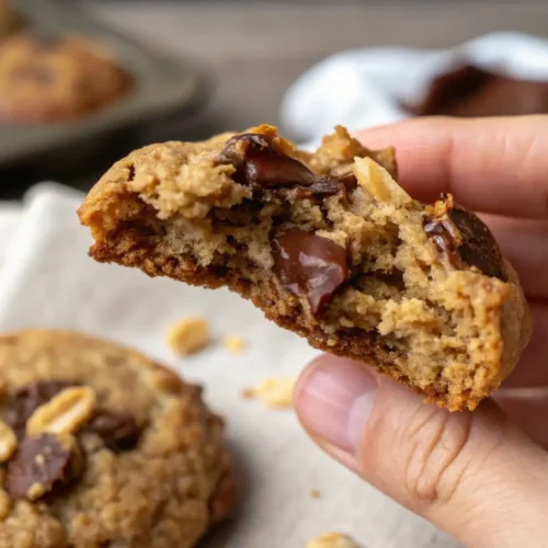 Primer plano de una mano sosteniendo una galleta de avena y platano partida, mostrando su interior tierno y masticable con chocolate derretido.
