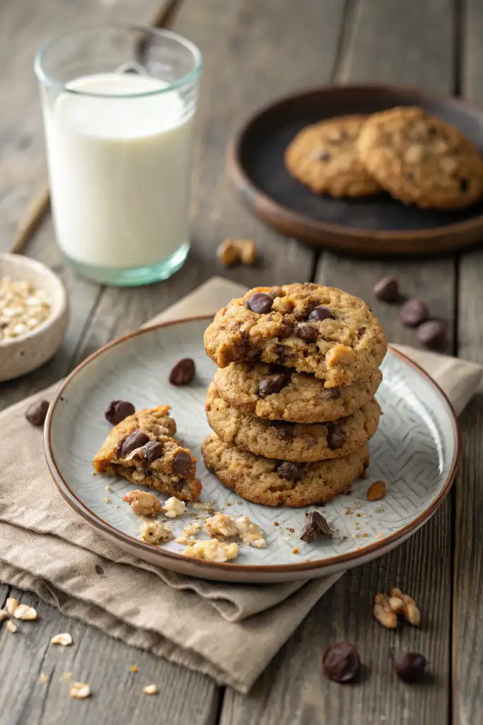 Pila de galletas de avena y platano con chispas de chocolate en un plato rústico. La galleta superior está rota, revelando un interior tierno, junto a un vaso de leche.