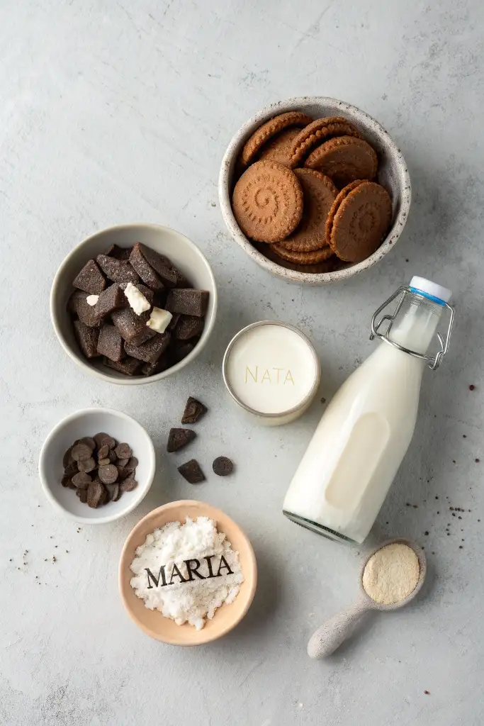 Vista cenital de los ingredientes para hacer tarta de tres chocolates casera, dispuestos en boles: galletas María, chocolate troceado, nata y leche en una botella.