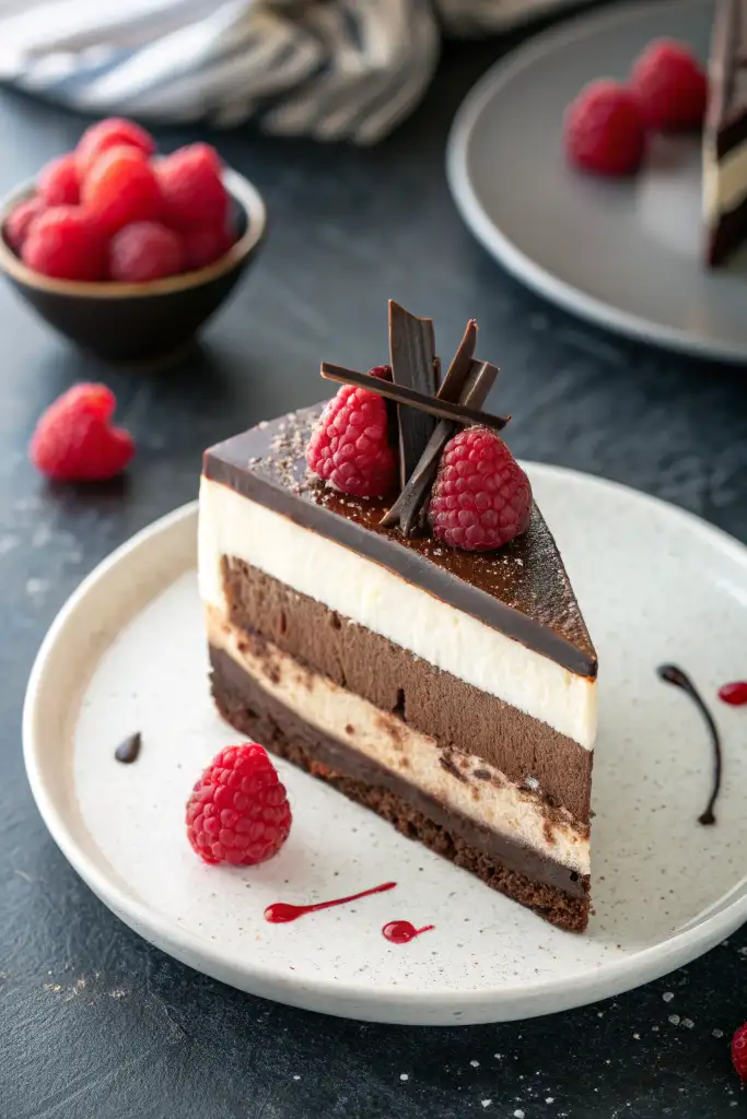 Primer plano de una porción perfecta de tarta de tres chocolates cremosa en un plato, mostrando sus tres capas y decorada con frambuesas frescas y virutas de chocolate.