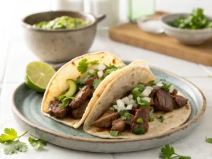 Dos tacos de bistec en un plato hondo de cerámica azul, mostrando la carne tierna con cebolla, cilantro y aguacate, con un tazón de salsa verde al fondo.