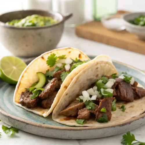 Dos tacos de bistec en un plato hondo de cerámica azul, mostrando la carne tierna con cebolla, cilantro y aguacate, con un tazón de salsa verde al fondo.