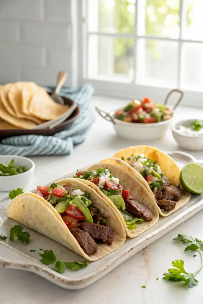 Tres tacos de bistec servidos en un plato rectangular de cerámica, cubiertos con pico de gallo y cilantro fresco, en una cocina luminosa con tortillas y salsa al fondo.