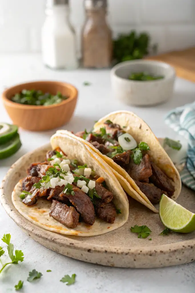 Primer plano de dos tacos de bistec jugosos en un plato rústico de color beige, adornados con cebolla blanca picada y cilantro, junto a una rodaja de limón.