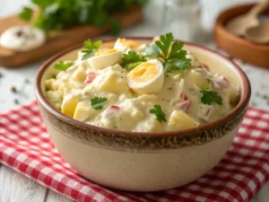 Primer plano de una ensalada de patata cremosa servida en un bol rústico de cerámica, adornada con huevo cocido en rodajas y perejil fresco.