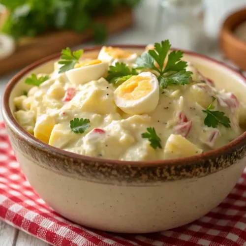 Primer plano de una ensalada de patata cremosa servida en un bol rústico de cerámica, adornada con huevo cocido en rodajas y perejil fresco.