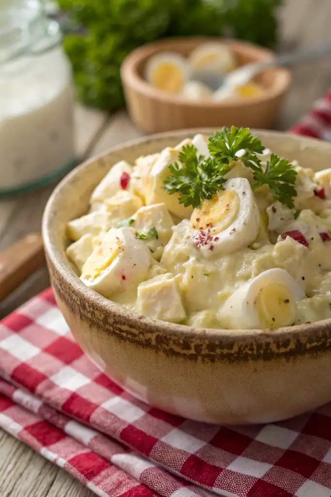 Bol de ensalada de patata casera con un aderezo de mayonesa muy cremoso, con trozos de huevo cocido y un toque de pimentón y perejil.