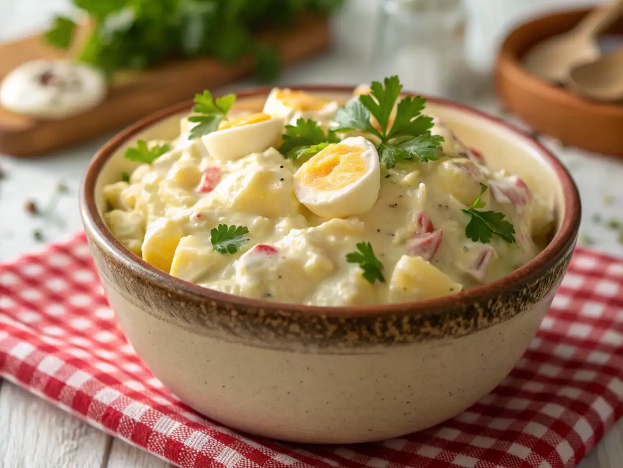 Primer plano de una ensalada de patata cremosa servida en un bol rústico de cerámica, adornada con huevo cocido en rodajas y perejil fresco.