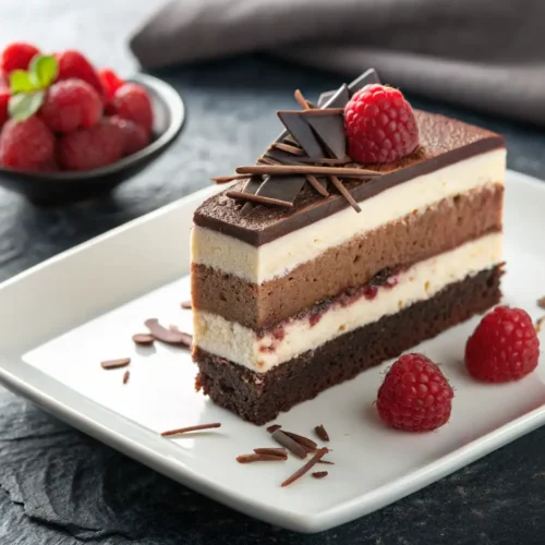 Elegante rebanada de tarta de tres chocolates servida en un plato rectangular, con sus capas bien definidas y adornada con frambuesas y chocolate sobre una superficie de pizarra.