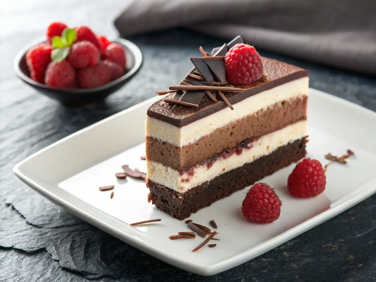 Elegante rebanada de tarta de tres chocolates servida en un plato rectangular, con sus capas bien definidas y adornada con frambuesas y chocolate sobre una superficie de pizarra.