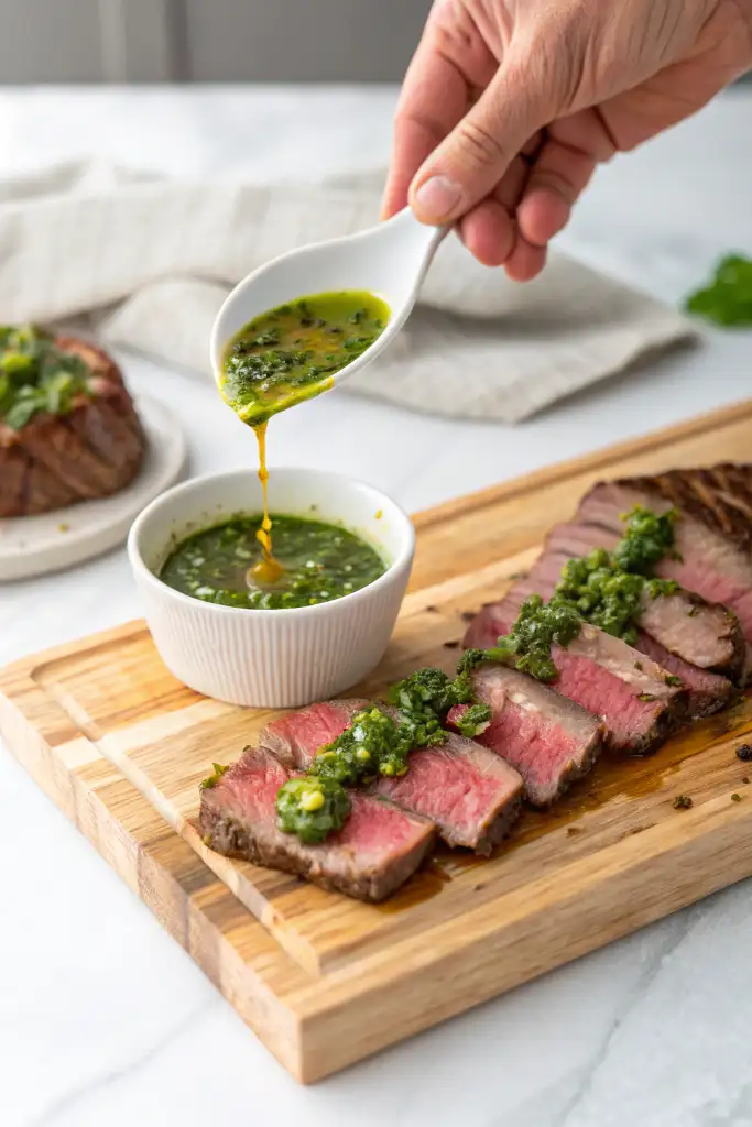 Mano sirviendo salsa chimichurri desde una cuchara blanca sobre filetes de entraña de ternera al punto, presentados en una tabla de cortar de madera sobre una encimera de mármol.
