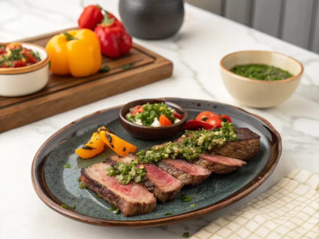 Plato oscuro con entraña de ternera fileteada y cubierta de chimichurri, acompañada de pimientos asados y ensalada criolla en una cocina moderna.