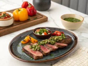 Plato oscuro con entraña de ternera fileteada y cubierta de chimichurri, acompañada de pimientos asados y ensalada criolla en una cocina moderna.