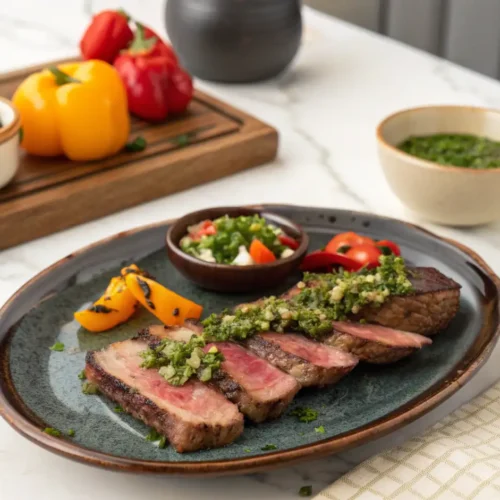 Plato oscuro con entraña de ternera fileteada y cubierta de chimichurri, acompañada de pimientos asados y ensalada criolla en una cocina moderna.