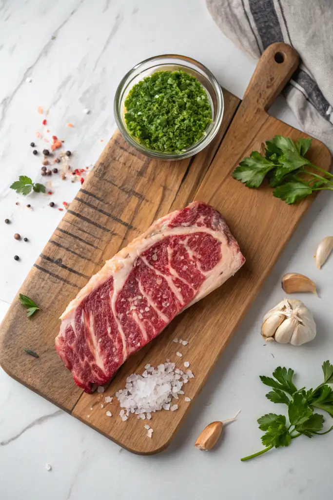 Corte de entraña de ternera cruda sobre una tabla de madera, rodeado de ingredientes para su preparación: sal gruesa, ajo, perejil y un bol de chimichurri.