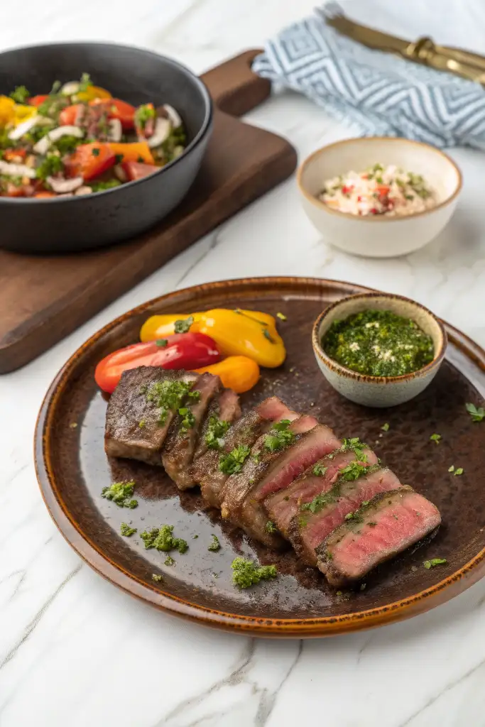 Plato rústico marrón con filetes de entraña de ternera jugosos, adornados con perejil y un bol de chimichurri, listos para comer.